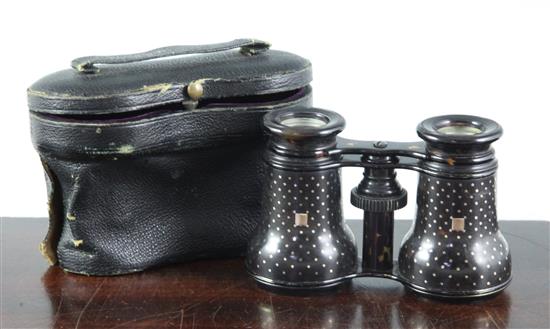 A pair of Victorian tortoiseshell pique opera glasses, case 5in.